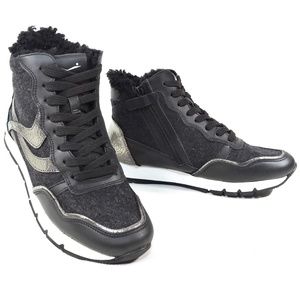 VOILE BLANCHE  🇮🇹 WOMEN'S BLACK LEATHER & WOOL WINTER FASHION SNEAKERS